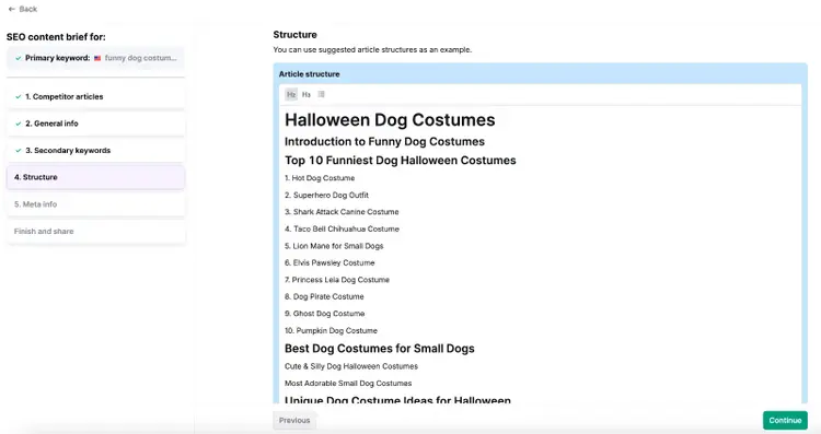 SEO Brief Generator article outline for Halloween Dog Costumes with sections and structure