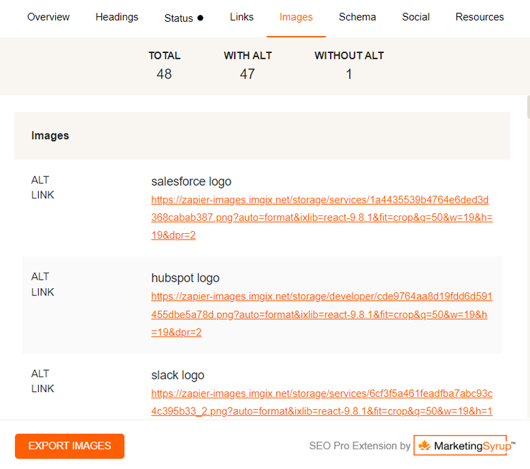 SEO Pro Extension Images tab: 48 total, 47 with alt, 1 without (logos listed)