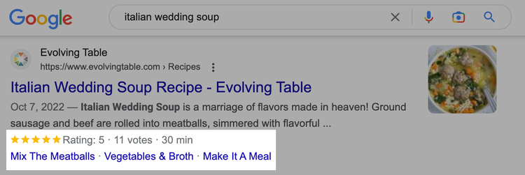 Google search result for Italian wedding soup showing recipe with 5-star rating