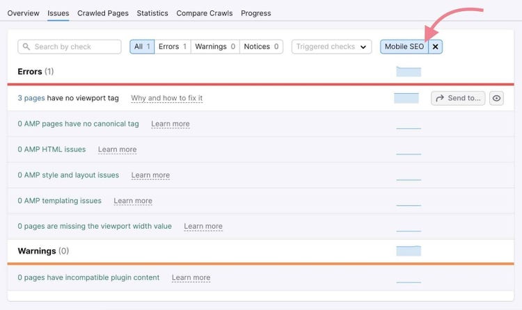 "Mobile SEO" selected as the category on Site Audit Issues showing a list of related issues
