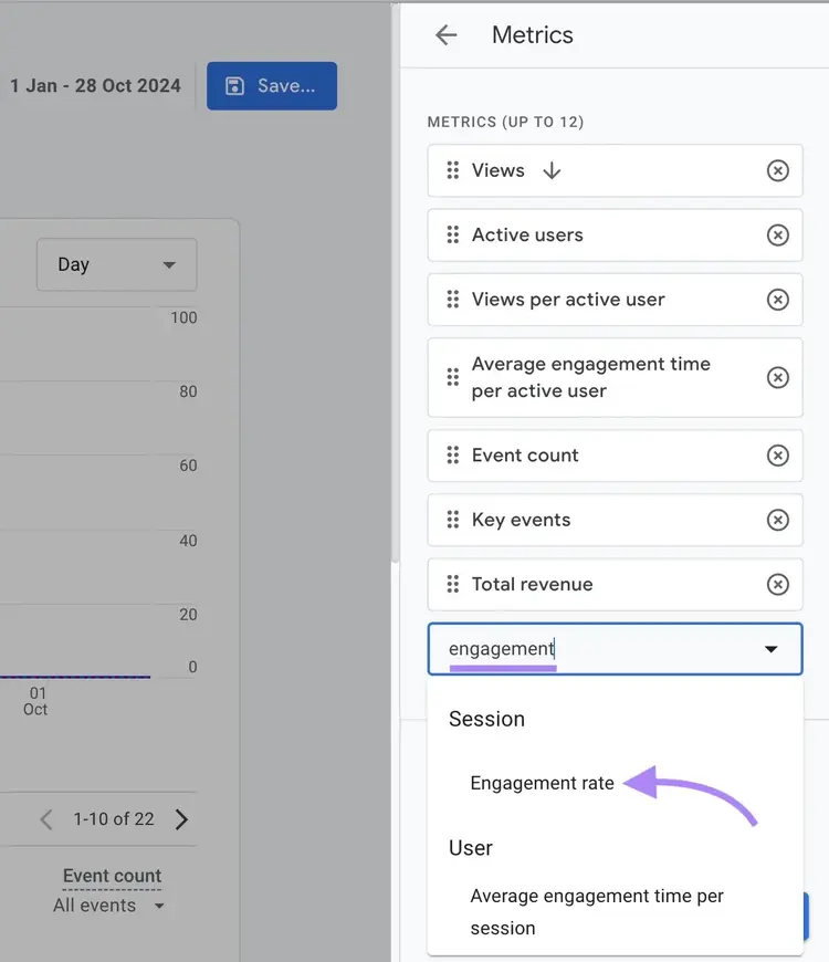 "Add metric" clicked, "engagement" typed, and "Engagement rate" selected from the drop-down in the "Customise report" window on GA4.