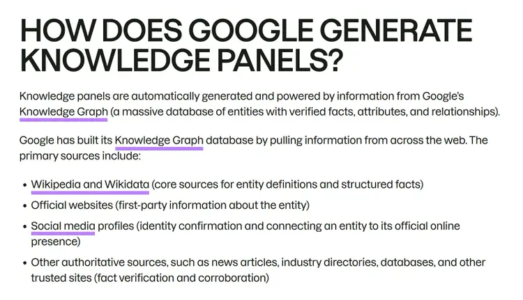 Semrush article section explaining how Google Knowledge Panels use Wikipedia, official sites, social profiles, and trusted sources