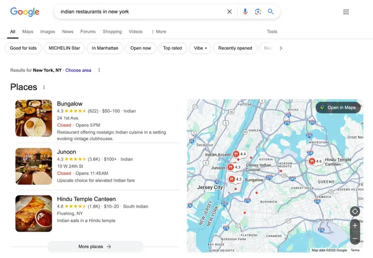 Google search results for “indian restaurants in new york” showing Map Pack.