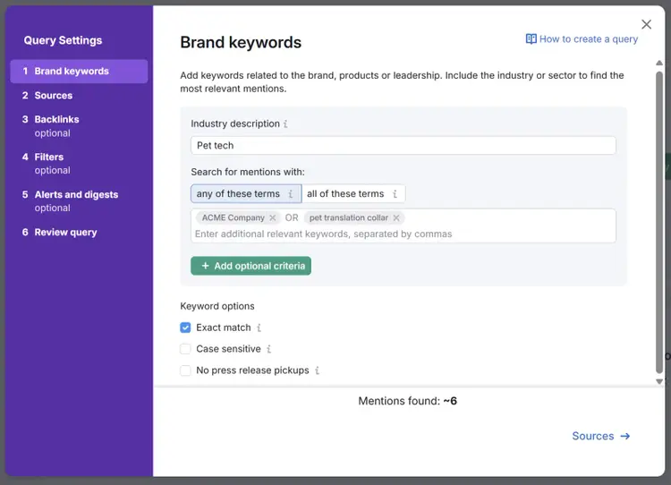 Media monitoring setup screen where users add brand keywords and industry terms to track mentions.