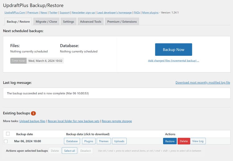 UpdraftPlus’s backup interface