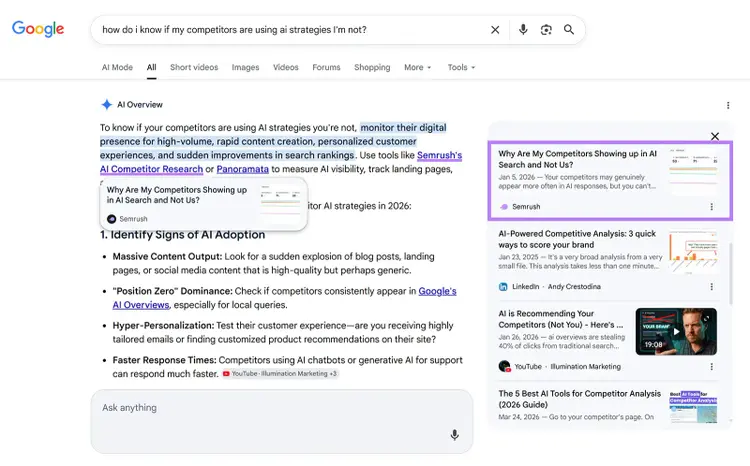 Google AI Overview highlighting Semrush content about competitors using AI strategies and AI search visibility