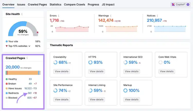 Site Audit Overview with the number next to Redirects under Crawled Pages clicked.