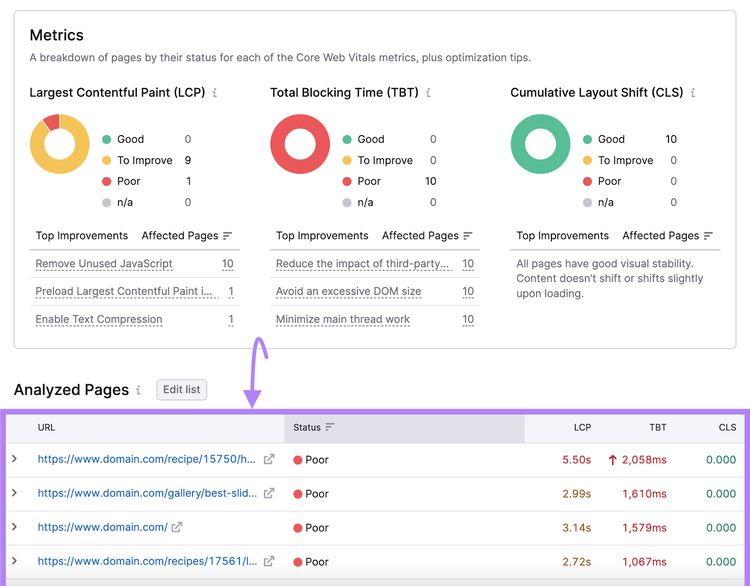Core Web Vitals report showing metrics scores, and "Analyzed Pages" table