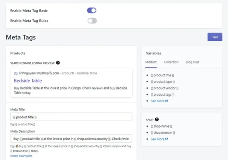 "Meta Tags" dashboard in SEO Image Optimizer