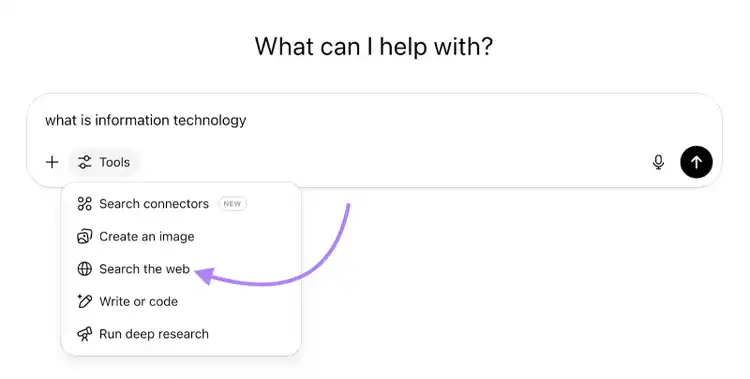 Option is highlighted in the search bar that makes the chat an alternative search engine.