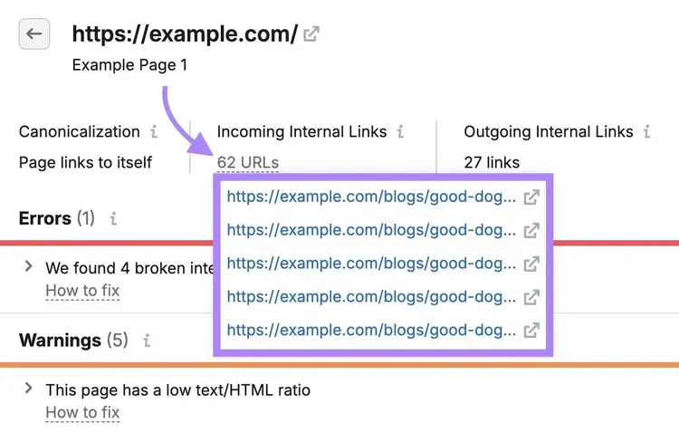 A list of pages pointing to a broken page on Site Audit.
