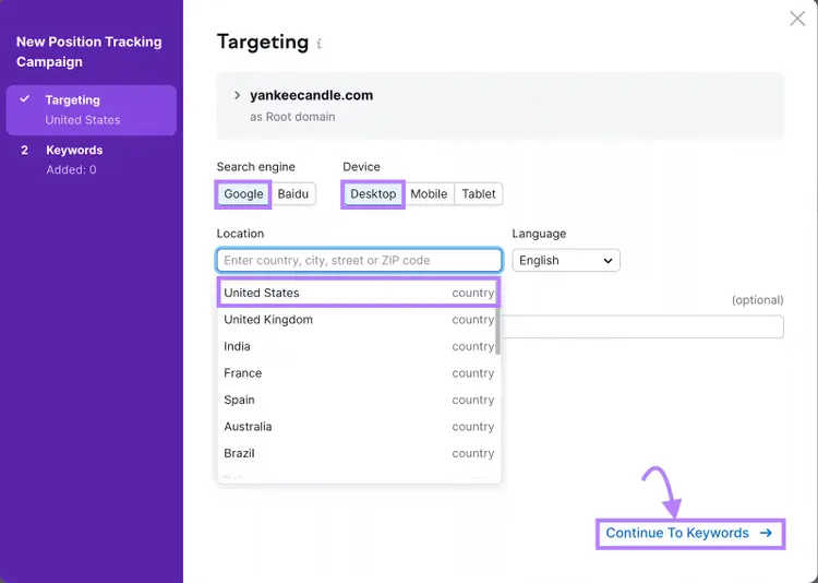 "Targeting" screen of Position Tracking settings
