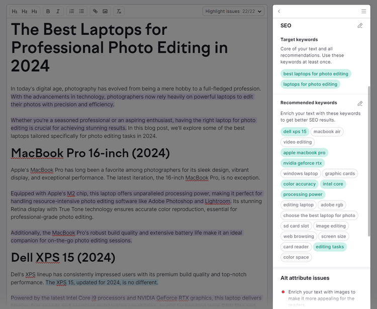 SEO recommendations section in the right-hand panel of SEO Writing Assistant