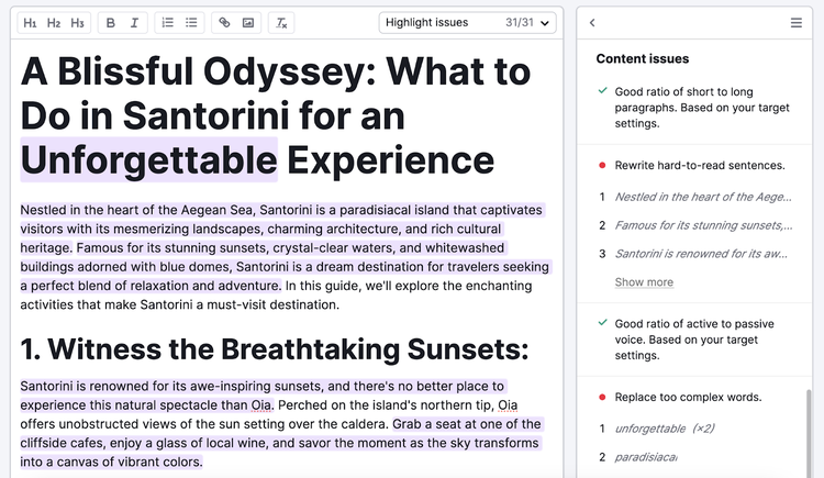 text is highlighted with related content issues such as hard-to-read-sentences and complex words