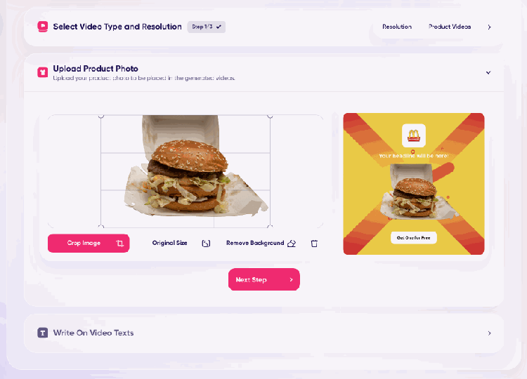 Video ad builder with burger product photo layout preview options