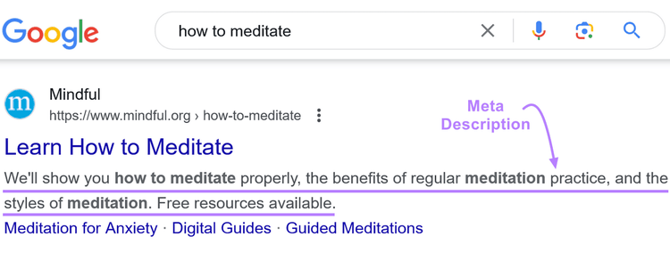 Google search result for "how to meditate" with a purple arrow and a "Meta Description" label.