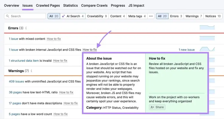 The "Issues" tab on Site Audit with "How to fix" clicked next to an error showing more information about the issue and how to fix it.