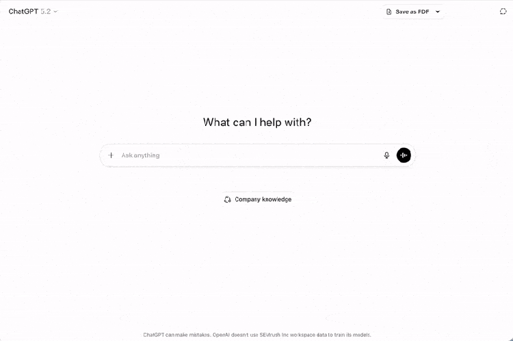 ChatGPT interface with message input field and Company Knowledge option visible