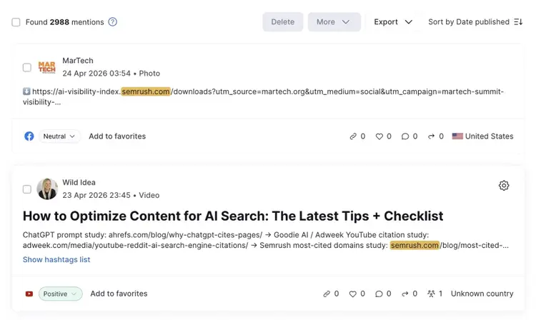 Brand Monitoring tool showing a list of brand mentions for "semrush.com" across platforms.