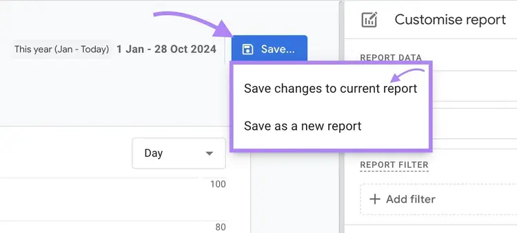 "Save" clicked and “Save changes to current report” selected from the drop-down to make permanent changes to a report on GA4.