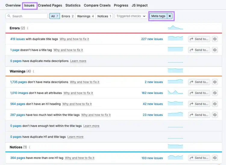 Checking for Metatags in the Semrush Site Audit Issues report
