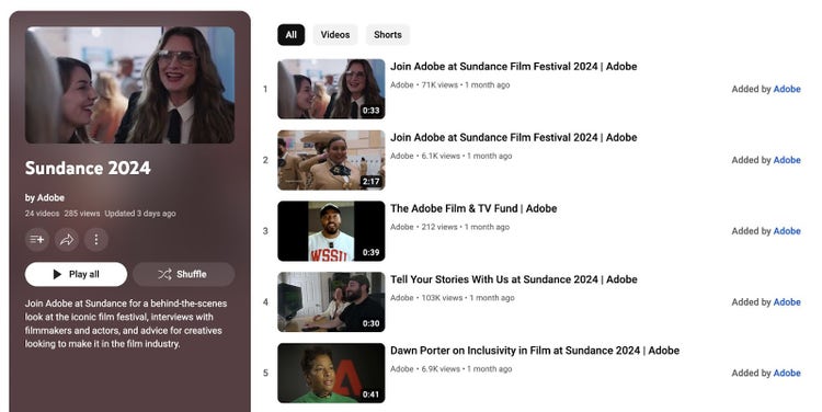 A series of short video interviews "Sundance 2024" on Adobe's YouTube channel