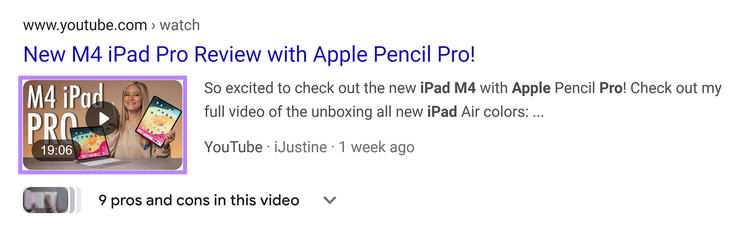 Google search result for iPad Pro Review showing catchy thumbnail by iJustine.
