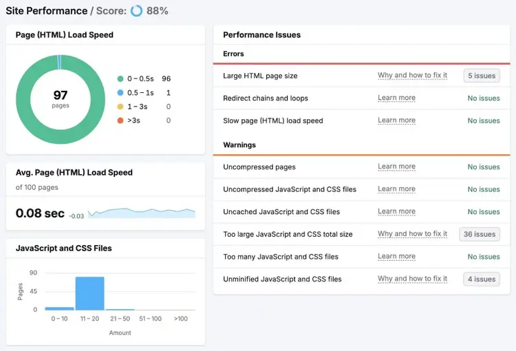 Site Performance report on Site Audit showing data like page load speed and performance issues.