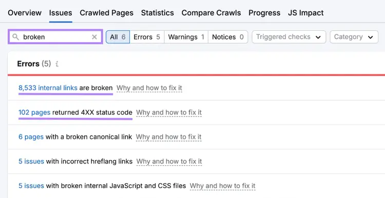 Broken links and 4XX status code pages in Semrush's Site Audit tool.