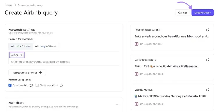 Brand Monitoring setup page with sources and settings selected along with the "Create query" button clicked.