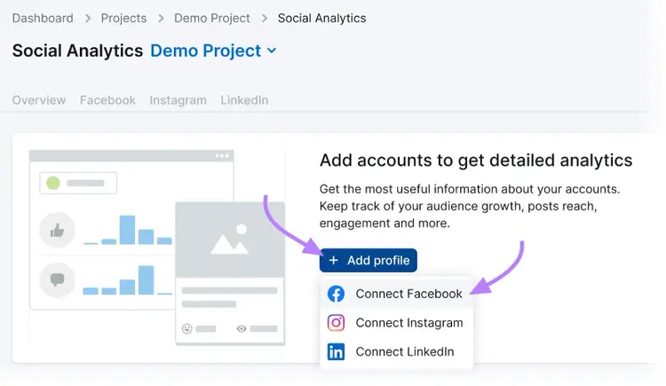 Social Analytics dashboard with buttons to connect Facebook, Instagram, LinkedIn