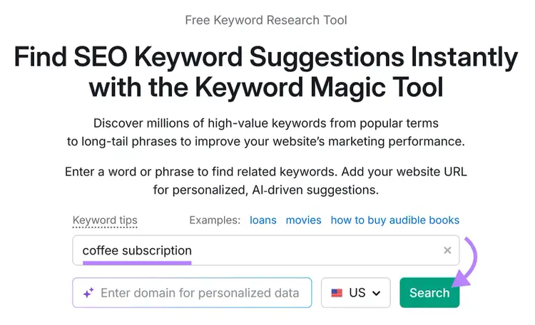 Semrush Keyword Magic Tool search screen with “coffee subscription” keyword entered
