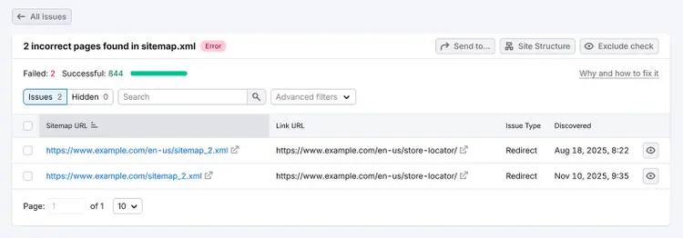 Detailed sitemap error report listing redirected URLs found in sitemap.xml in Semrush.
