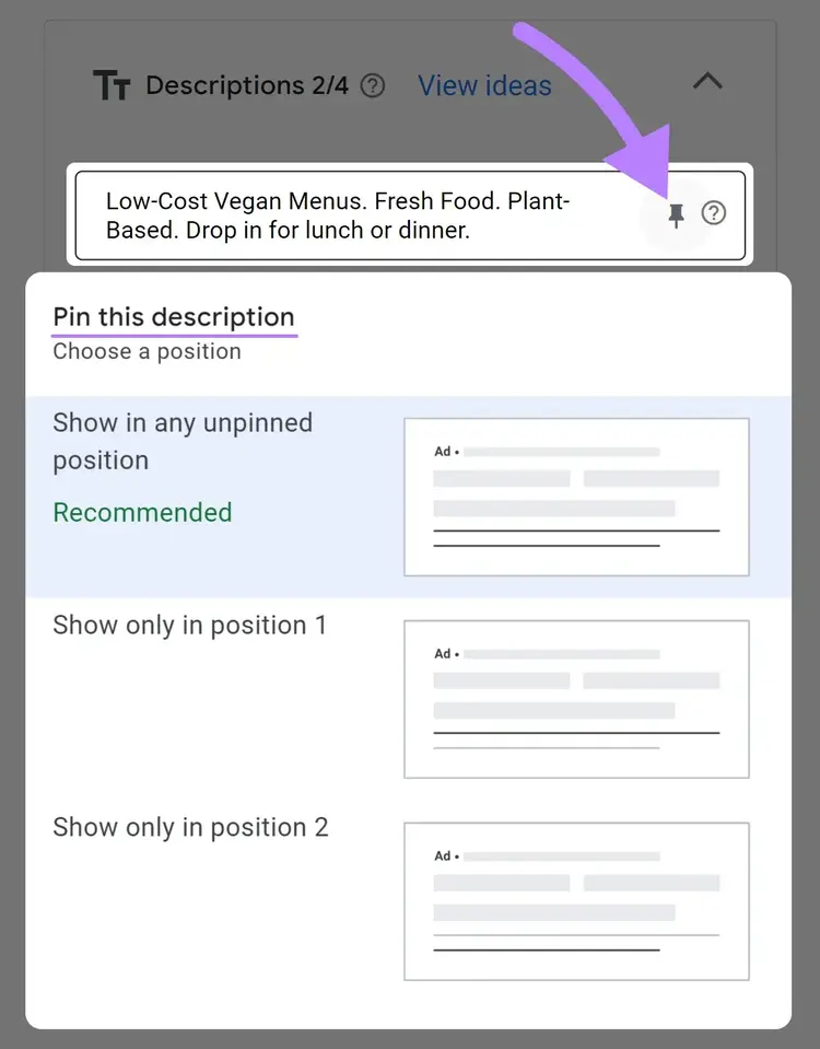Choose the position under the "Pin this description" window
