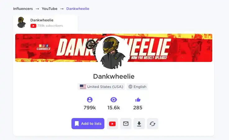 Dankwheeli YouTube profile showing 799K subscribers with engagement metrics