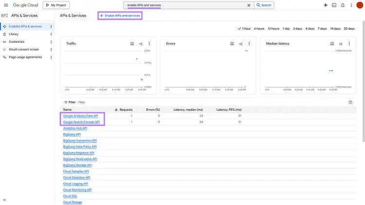 Google Cloud APIs dashboard showing Search Console and Analytics Data APIs enabled for SEO data collection