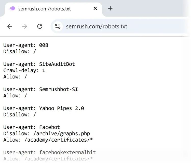 Semrush robots.txt file with user-agent crawl and disallow directives