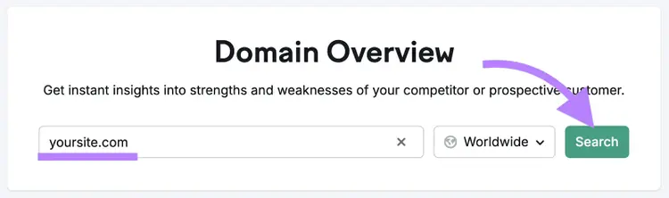 Semrush Domain Overview search tool interface for competitor website analysis