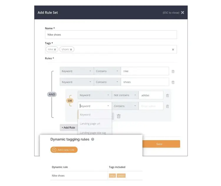 "Add Rule Set" window on AccuRanker.