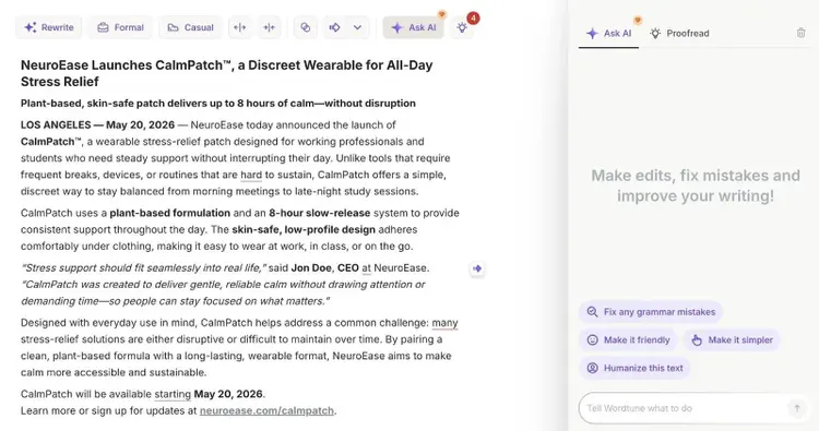 Wordtune dashboard with a press release draft on the left and an AI Chat on the right.