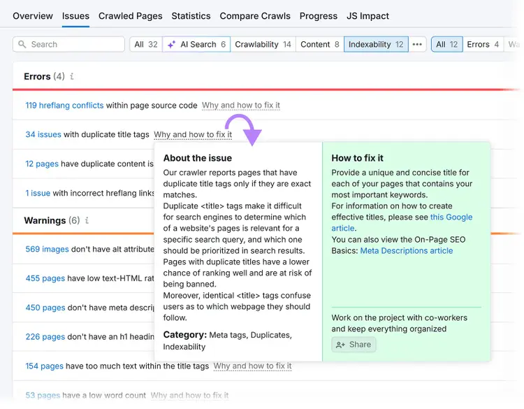 Issue details panel explaining duplicate title tags with an About section and step-by-step fix guidance.