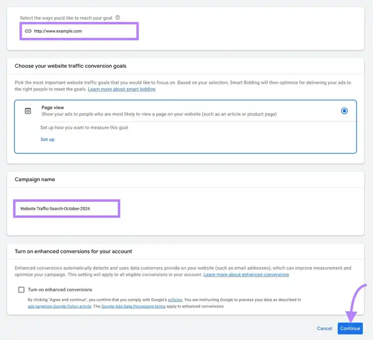 Page to enter the URL to drive visits to and a campaign name on Google Ads.