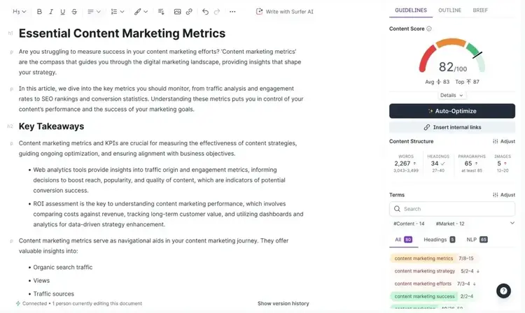 Surfer dashboard showing content on the left and an overall score along with improvement suggestions on the right.