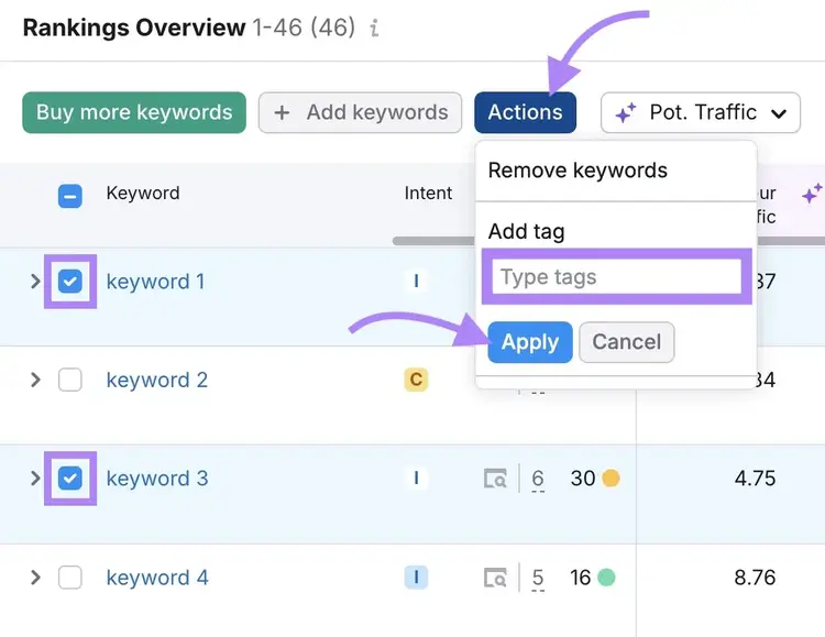 Rankings Overview on the Position Tracking tool with a few keywords selected, "Actions" clicked, and "Add tag" highlighted.