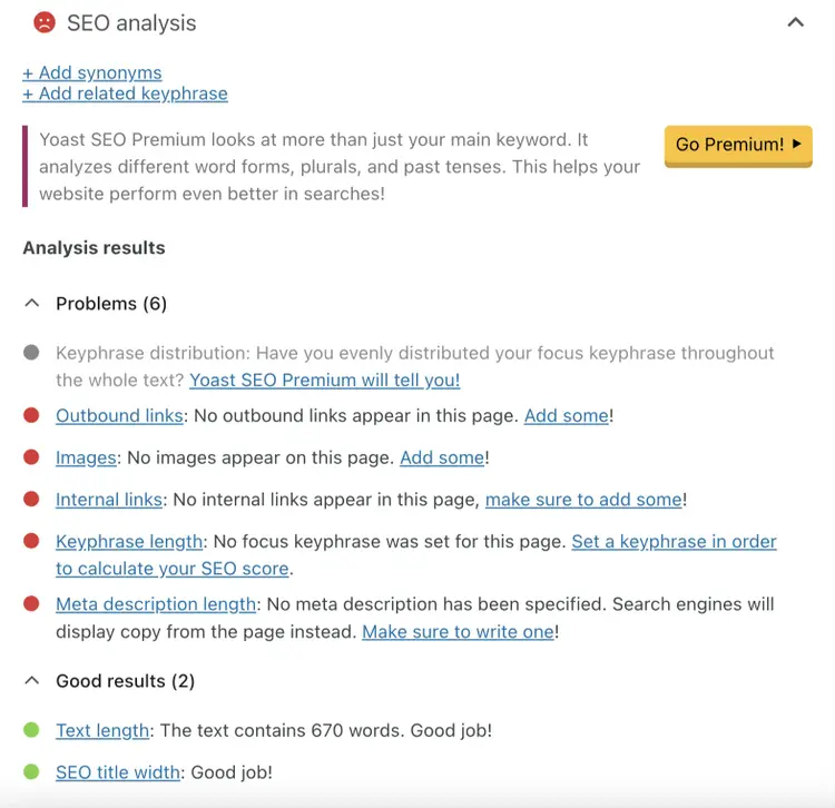 This WordPress blogging tool lists SEO problems to fix within your blog post.