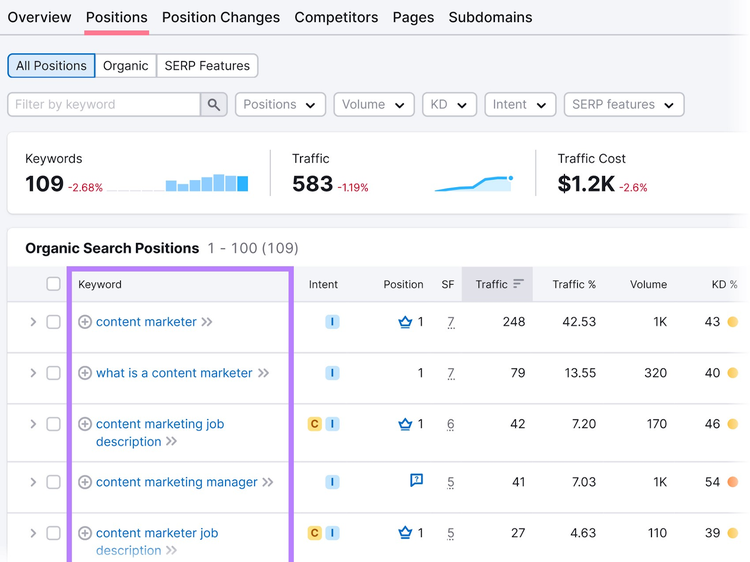 "Positions" table in Organic Rankings tool