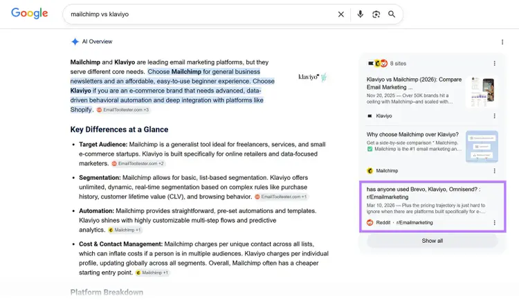 Google AI Overview for Mailchimp vs. Klaviyo with a Reddit thread highlighted as a source