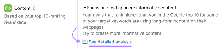 “See detailed analysis” link button in On Page SEO Checker