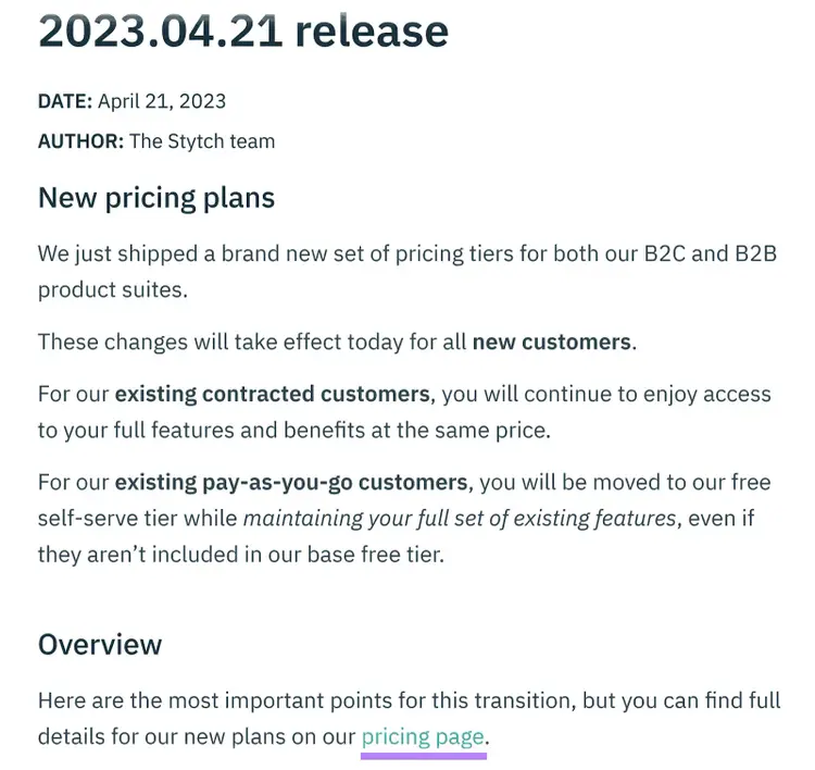 Stytch's email directing readers to their pricing page