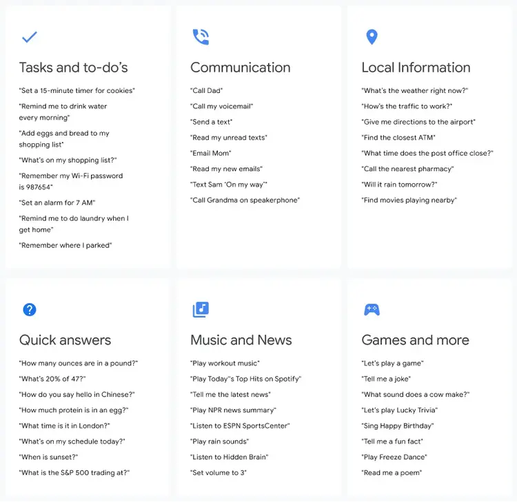 A list of commands you can ask Google Assistant to do for you